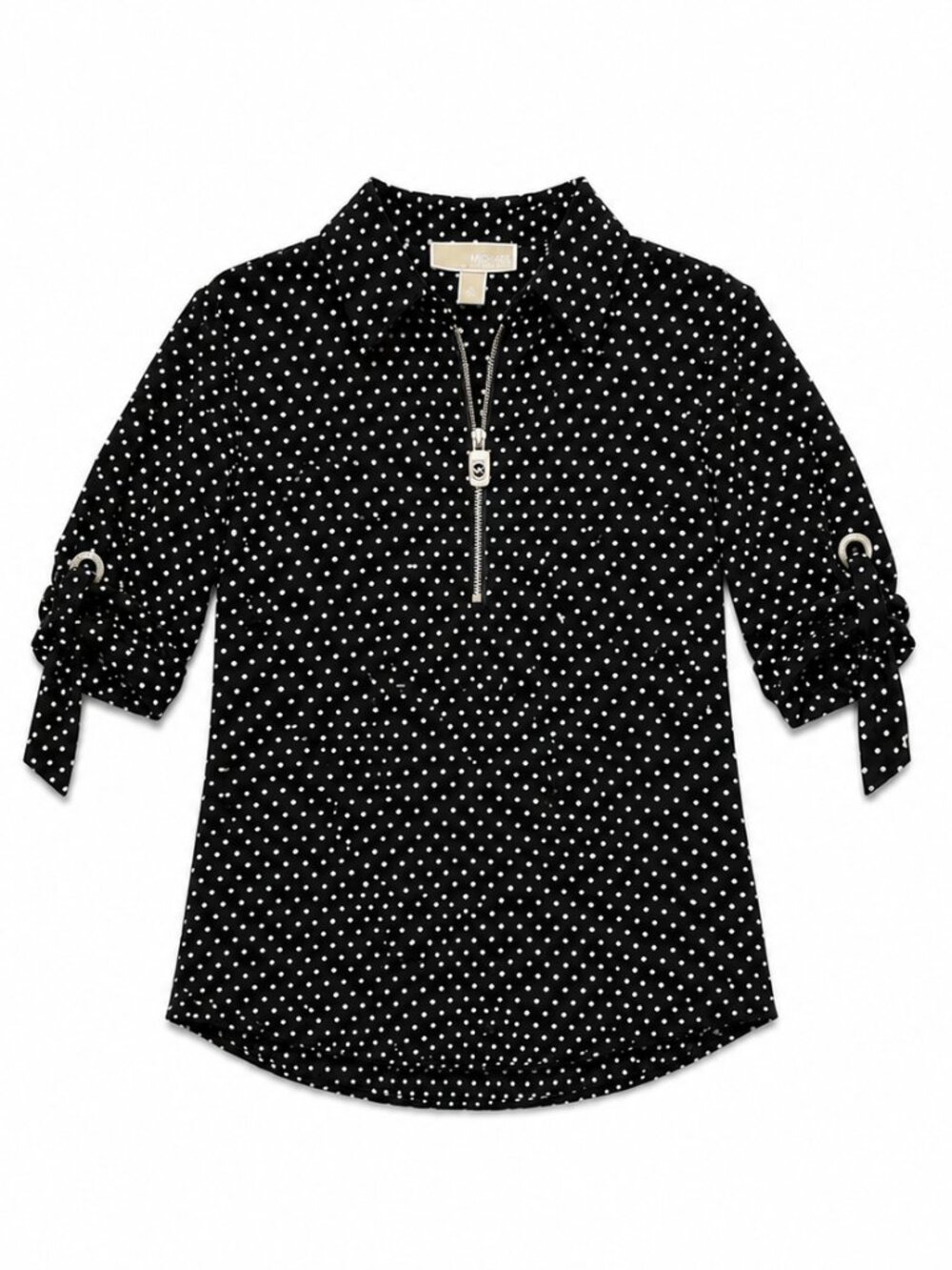 Michael Kors Black White Polka Dot Zip Neck Blouse XS Roll Tab Sleeves